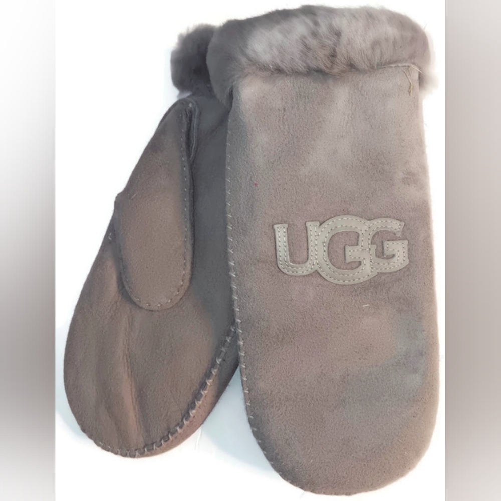 UGG WOMEN'S MAGNIFICENT SEAL/GRAY LEATHER & SHEARLING MITTENS,L/XL